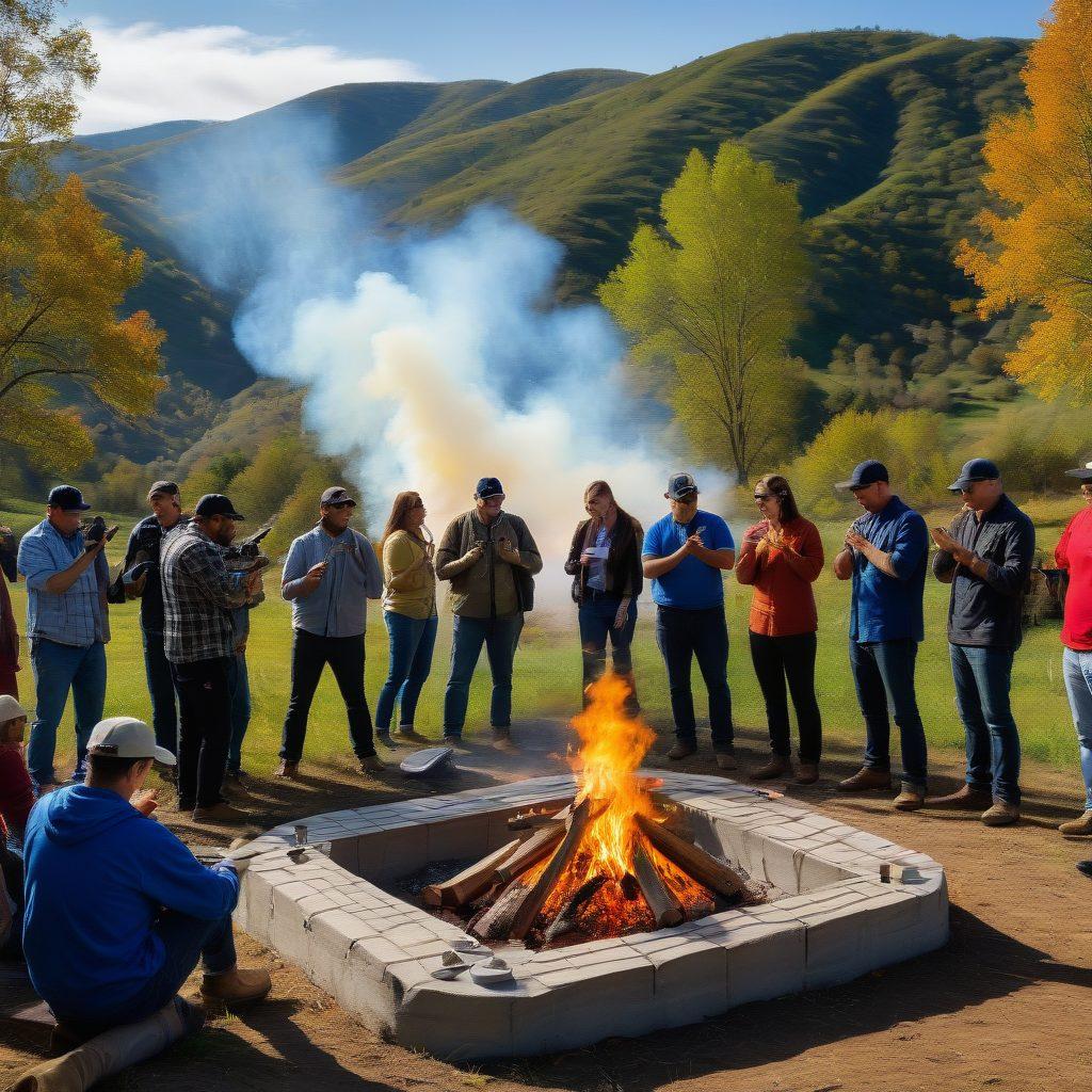 An engaging community gathering outdoors with diverse individuals sharing tips on marksmanship, surrounded by targets and safety equipment. Include a backdrop of a serene landscape, with a bonfire symbolizing camaraderie. Capture the essence of teamwork and learning in a supportive environment. Illustrate safety measures being discussed, with a focus on respectful communication. vibrant colors. super-realistic.