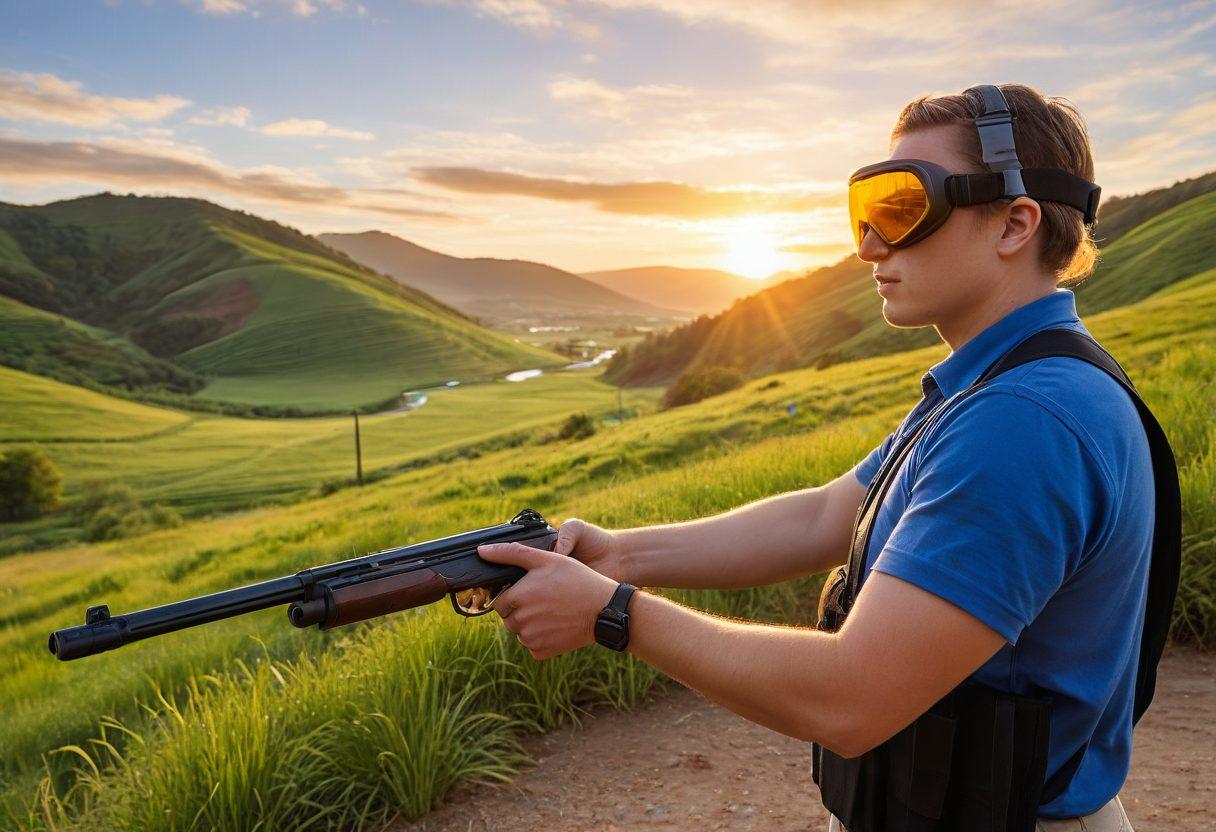 A focused gun owner at a shooting range, demonstrating proper marksmanship techniques while wearing safety gear. In the background, include a serene natural landscape to emphasize safety and responsibility. Prominently display a 'Safety First' sign near the shooting area. Capture a vibrant sunset casting warm colors across the scene. photo-realistic. vibrant colors. peaceful atmosphere.