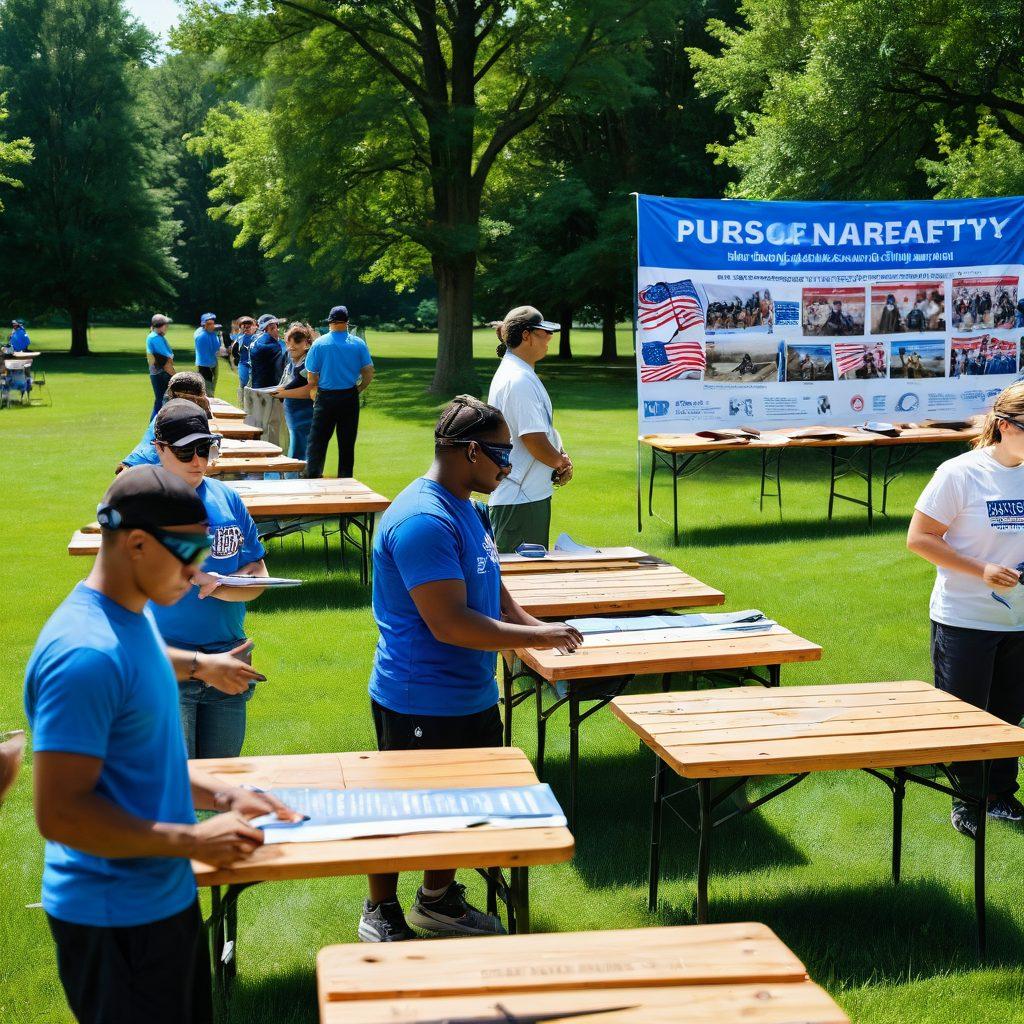 A balanced scene showcasing a diverse group of people engaging in responsible gun safety training, with emphasis on education and community. Include elements like firearms, safety gear, and informative banners about the 2nd Amendment, set in a bright outdoor environment. Add symbolic imagery, such as an American flag subtly in the background. vibrant colors. super-realistic.